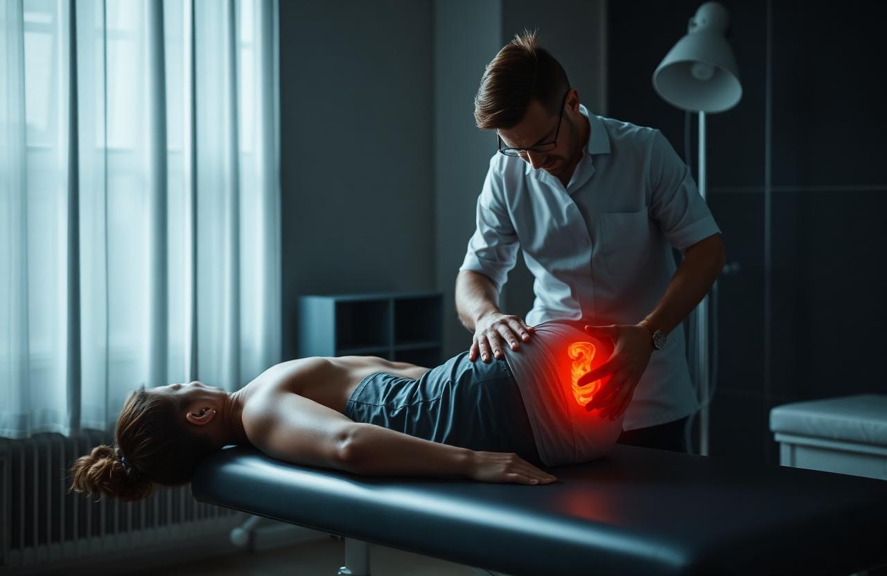 Fisioterapista valuta un paziente con dolore lombare irradiato alla gamba (sciatalgia)
